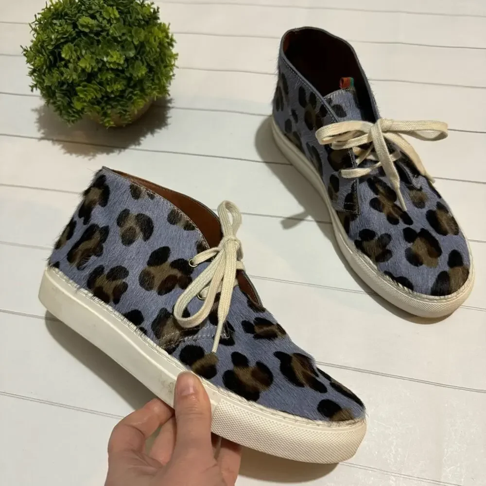 Penelope Childers Blue Leopard Print Leather Calf Hair High Top Sneakers Size 38